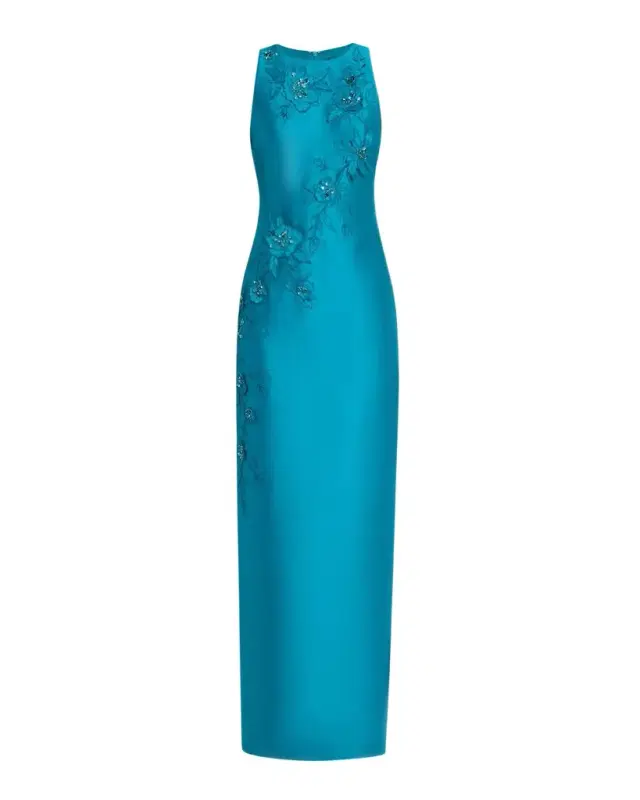 Badgley Mischka Beaded Floral Applique Column Gown