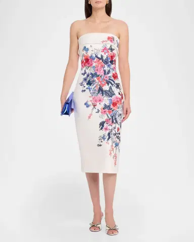 Badgley Mischka Strapless Floral Placement Midi Sheath Dress | Thumbnail 2
