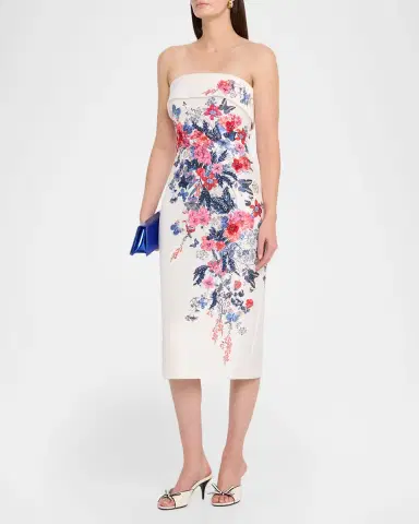 Badgley Mischka Strapless Floral Placement Midi Sheath Dress | Thumbnail 4