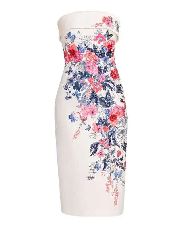 Badgley Mischka Strapless Floral Placement Midi Sheath Dress