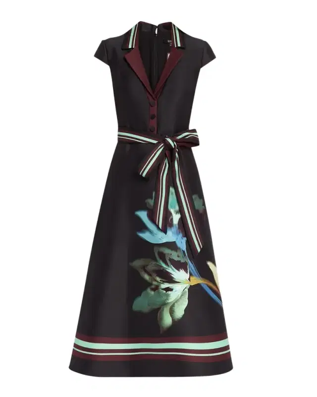 Badgley Mischka Belted Floral Mikado Midi Dress