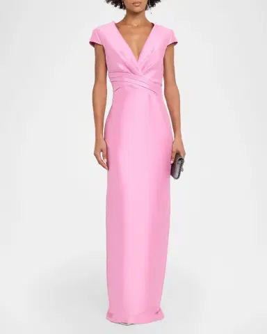 Badgley Mischka Plunging Cap-Sleeve Mikado Column Gown | Thumbnail 2