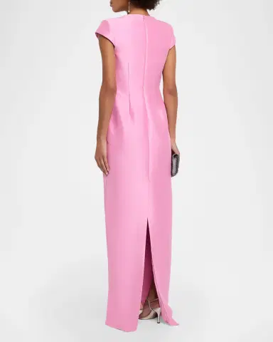 Badgley Mischka Plunging Cap-Sleeve Mikado Column Gown | Thumbnail 3