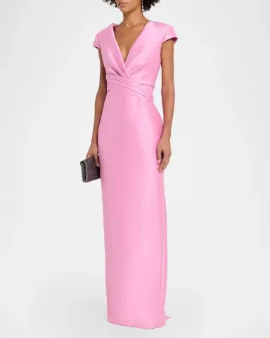 Badgley Mischka Plunging Cap-Sleeve Mikado Column Gown | Thumbnail 4