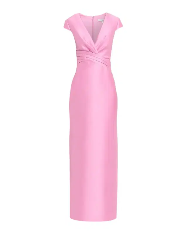 Badgley Mischka Plunging Cap-Sleeve Mikado Column Gown