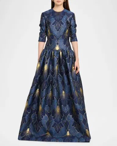 Reem Acra 3/-Sleeve Lame Brocade Drop-Waist Gown | Thumbnail 2