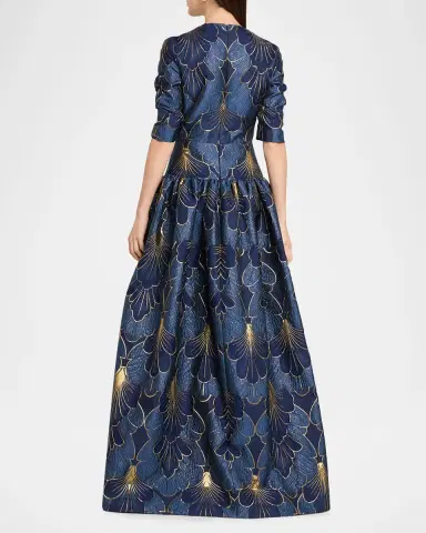 Reem Acra 3/-Sleeve Lame Brocade Drop-Waist Gown | Thumbnail 3