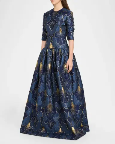 Reem Acra 3/-Sleeve Lame Brocade Drop-Waist Gown | Thumbnail 4