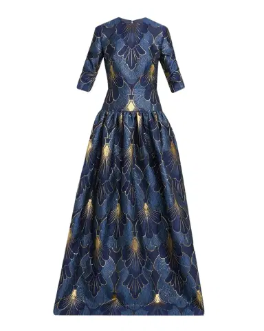 Reem Acra 3/-Sleeve Lame Brocade Drop-Waist Gown | Thumbnail 1