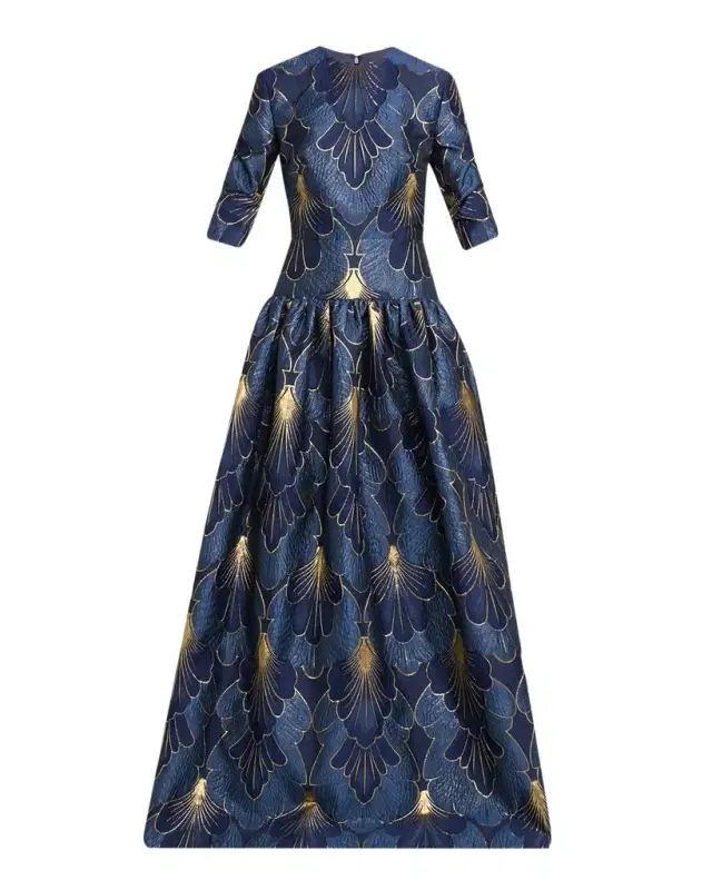 Reem Acra 3/-Sleeve Lame Brocade Drop-Waist Gown