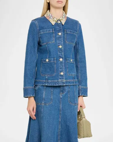 Cinq à Sept Dalton Floral-Collar Denim Jacket | Thumbnail 4