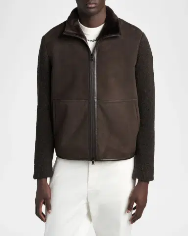 Moncler Men's Suede Hybrid Knit Shearling-Lined Jacket | Thumbnail 4 Moncler Men's Suede Hybrid Knit Shearling-Lined Jacket | Thumbnail 4