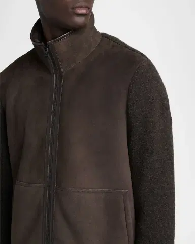 Moncler Men's Suede Hybrid Knit Shearling-Lined Jacket | Thumbnail 5 Moncler Men's Suede Hybrid Knit Shearling-Lined Jacket | Thumbnail 5