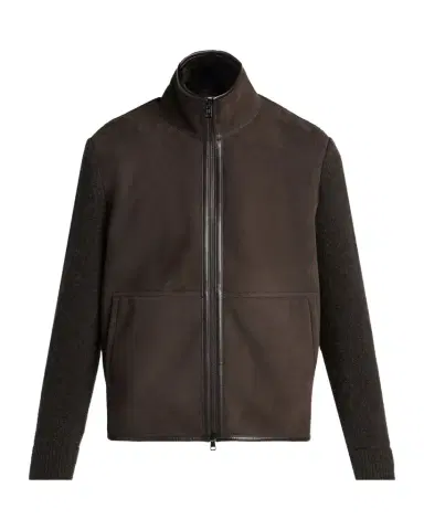 Moncler Men's Suede Hybrid Knit Shearling-Lined Jacket | Thumbnail 1 Moncler Men's Suede Hybrid Knit Shearling-Lined Jacket | Thumbnail 1