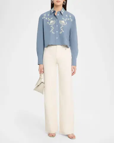 Veronica Beard Aderes Embroidered Cropped Cotton Shirt | Thumbnail 2 Veronica Beard Aderes Embroidered Cropped Cotton Shirt | Thumbnail 2