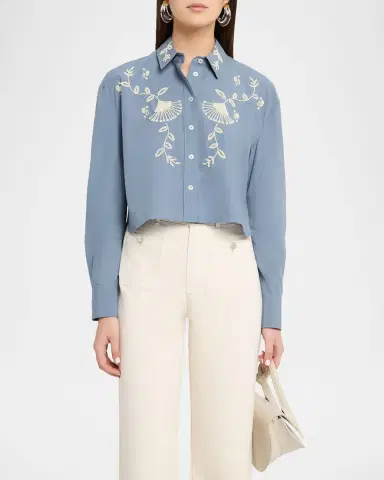 Veronica Beard Aderes Embroidered Cropped Cotton Shirt | Thumbnail 4 Veronica Beard Aderes Embroidered Cropped Cotton Shirt | Thumbnail 4