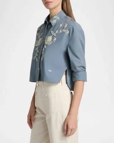 Veronica Beard Aderes Embroidered Cropped Cotton Shirt | Thumbnail 6 Veronica Beard Aderes Embroidered Cropped Cotton Shirt | Thumbnail 6