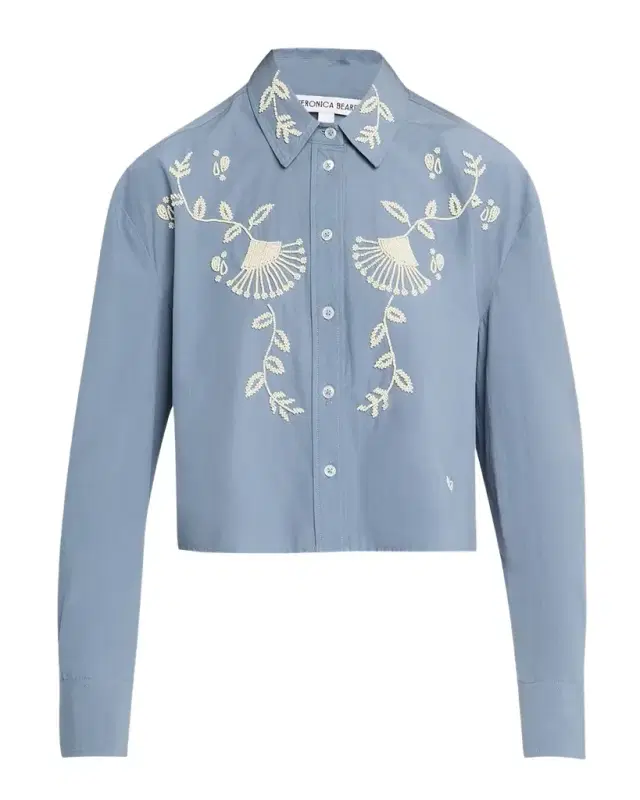 Veronica Beard Aderes Embroidered Cropped Cotton Shirt