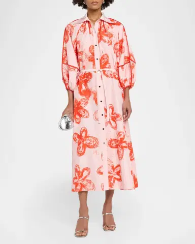 LOVEBIRDS Aster Printed Silk Tie-Waist Midi Shirtdress | Thumbnail 2