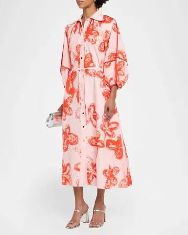 LOVEBIRDS Aster Printed Silk Tie-Waist Midi Shirtdress | Thumbnail 4