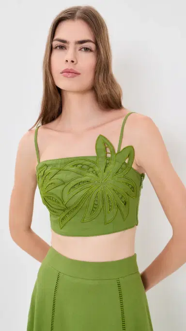 English Factory Palm Tree Embroidered Linen Top Green S | Thumbnail 2