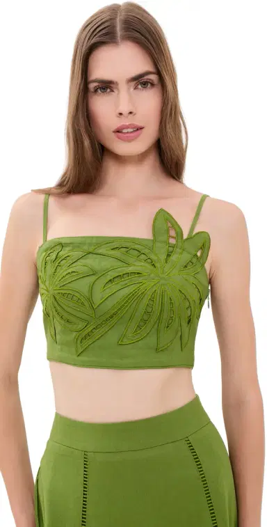 English Factory Palm Tree Embroidered Linen Top Green S | Thumbnail 1