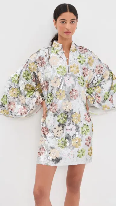 La Vie Style House Silver Mod Flower Sequin Mini Caftan Silver & Multi | Thumbnail 2