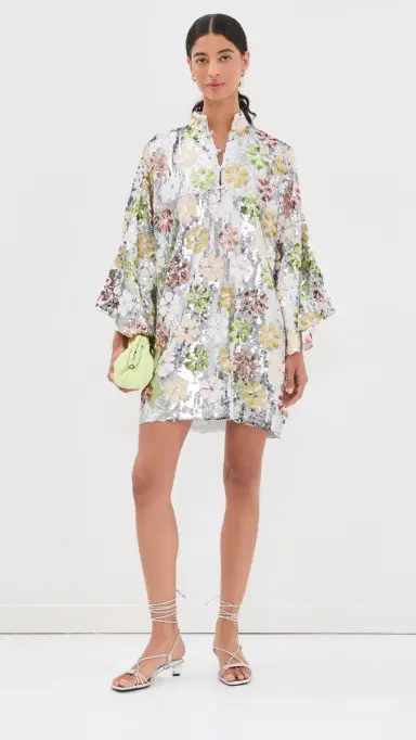 La Vie Style House Silver Mod Flower Sequin Mini Caftan Silver & Multi | Thumbnail 5