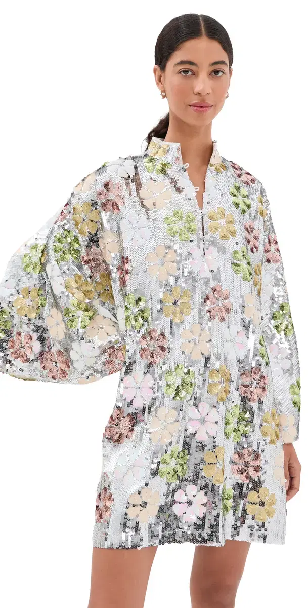 La Vie Style House Silver Mod Flower Sequin Mini Caftan Silver & Multi One Size