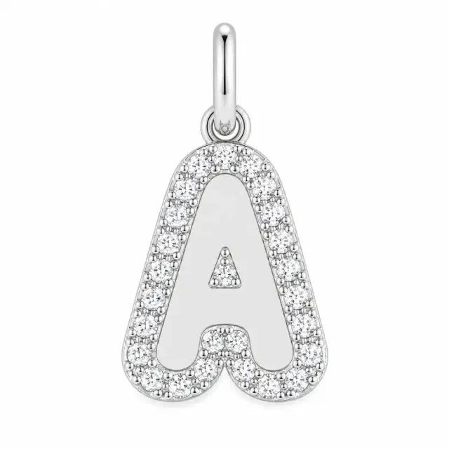Stephanie Gottlieb Sterling Silver Large Bubble Initial Charm with Pave Outline Necklace A
