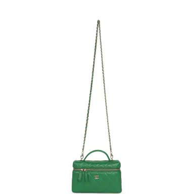 Chanel Chanel Top Handle Long Vanity Case with Chain Green Lambskin Light Gold Hardware | Thumbnail 7