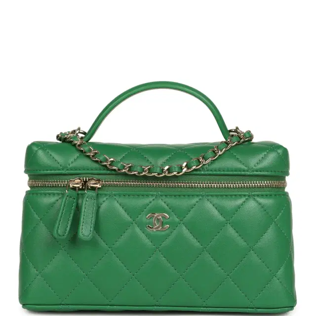 Chanel Chanel Top Handle Long Vanity Case with Chain Green Lambskin Light Gold Hardware