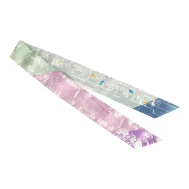 HERMÈS Hermes "A l'Ombre des Boulevards" Blanc, Vert, Mauve Multi Silk Twilly Pair | Thumbnail 2