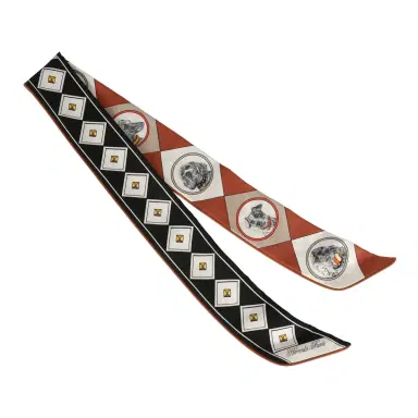 HERMÈS Hermes "Colliers et Chiens Forever" Black, Blanc, Caramel Leather Trim Silk Twilly | Thumbnail 2