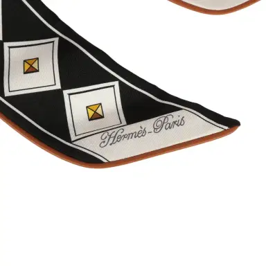 HERMÈS Hermes "Colliers et Chiens Forever" Black, Blanc, Caramel Leather Trim Silk Twilly | Thumbnail 3