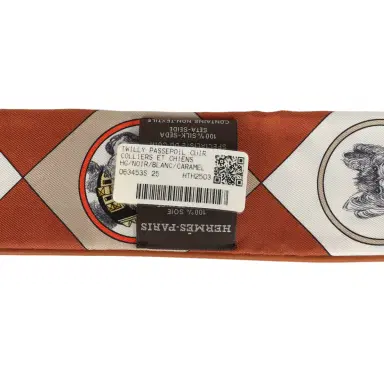 HERMÈS Hermes "Colliers et Chiens Forever" Black, Blanc, Caramel Leather Trim Silk Twilly | Thumbnail 4