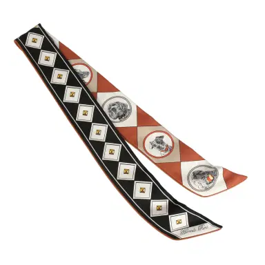 HERMÈS Hermes "Colliers et Chiens Forever" Black, Blanc, Caramel Leather Trim Silk Twilly | Thumbnail 2