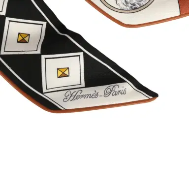 HERMÈS Hermes "Colliers et Chiens Forever" Black, Blanc, Caramel Leather Trim Silk Twilly | Thumbnail 3