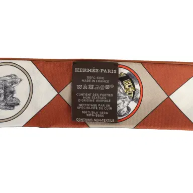 HERMÈS Hermes "Colliers et Chiens Forever" Black, Blanc, Caramel Leather Trim Silk Twilly | Thumbnail 4