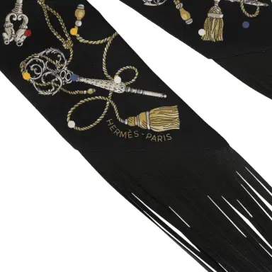 HERMÈS Hermes "Les Cles a Pois" Black, Multicolore, White Fringe Silk Twilly | Thumbnail 3