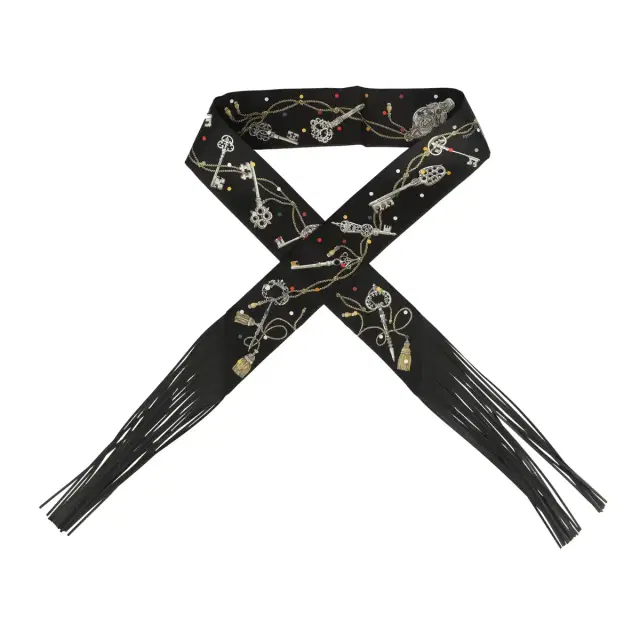 HERMÈS Hermes "Les Cles a Pois" Black, Multicolore, White Fringe Silk Twilly