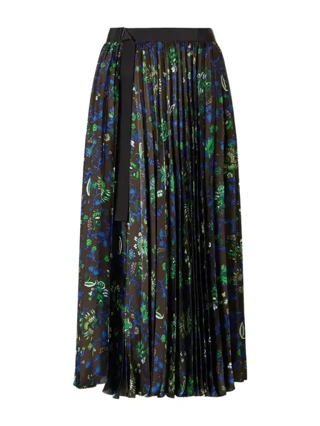 Sacai Belted Grosgrain-trimmed Pleated Floral-print Georgette Midi Skirt