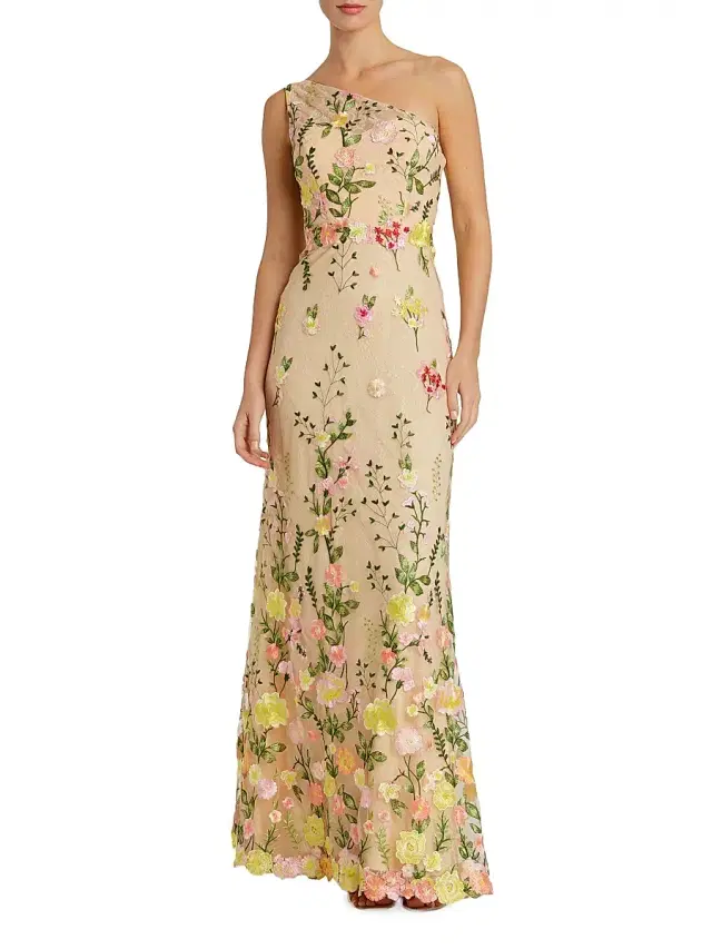 Mac Duggal Women's One-Shoulder Floral Embroidered Gown - Yellow Multi