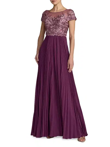 Mac Duggal Women's Petite Floral-Embroidered Pleated Gown - Plum - Size 12 | Thumbnail 1 Mac Duggal Women's Petite Floral-Embroidered Pleated Gown - Plum - Size 12 | Thumbnail 1
