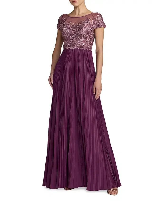 Mac Duggal Women's Petite Floral-Embroidered Pleated Gown - Plum