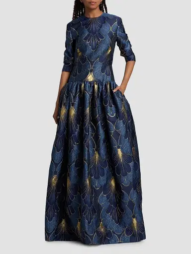 Reem Acra Women's Lamé Brocade Dropped Waist Gown - Navy - Size 4 | Thumbnail 3 Reem Acra Women's Lamé Brocade Dropped Waist Gown - Navy - Size 4 | Thumbnail 3