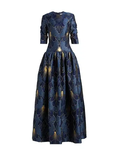 Reem Acra Women's Lamé Brocade Dropped Waist Gown - Navy - Size 4 | Thumbnail 1 Reem Acra Women's Lamé Brocade Dropped Waist Gown - Navy - Size 4 | Thumbnail 1
