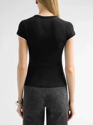 Veronica Beard Women's Devin Stretch-Cotton T-Shirt - Black Ecru - Size Large | Thumbnail 3