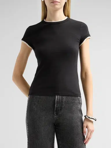 Veronica Beard Women's Devin Stretch-Cotton T-Shirt - Black Ecru - Size Large | Thumbnail 4