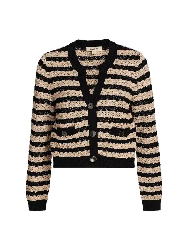 L'AGENCE Women's Orla Striped Pointelle Knit Cardigan - Black Natural Stripe
